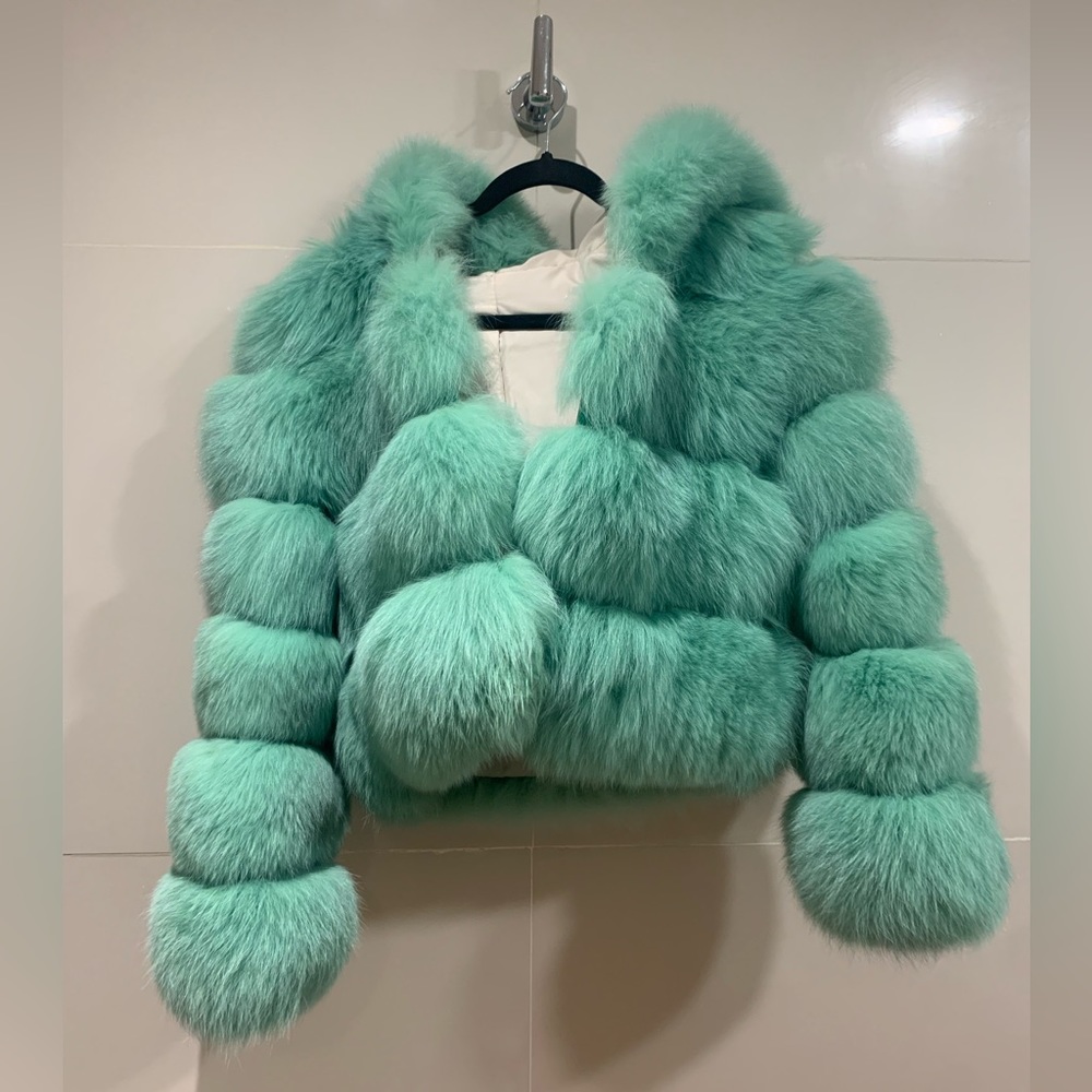 NWOT Cropped Hooded Bubble Jacket Real Fox Fur Mint Green, Small/Medium